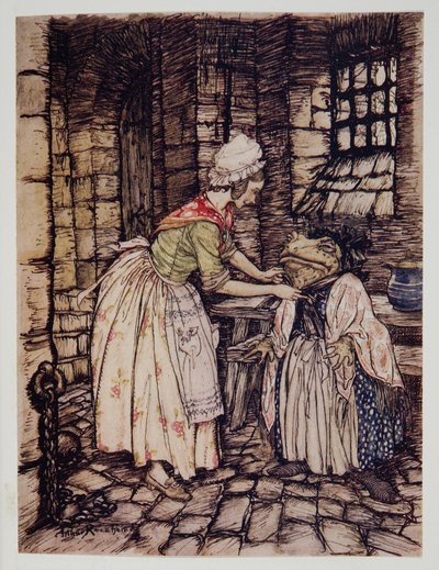 Ella arregló el chal con un pliegue profesional y ató las cuerdas del sombrero oxidado bajo su barbilla, de El viento en los sauces de Kenneth Grahame (1859 - 1932), pub. 1940 de Arthur Rackham