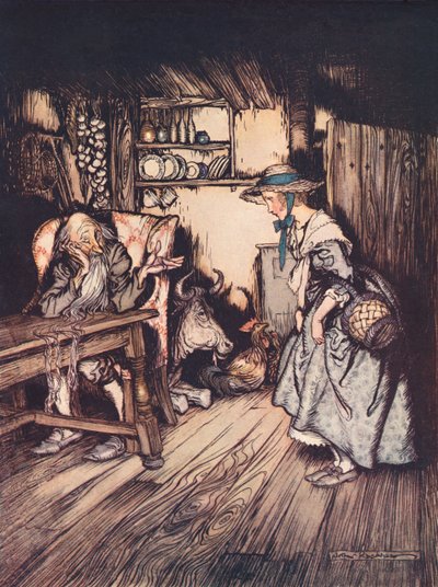 Suplicó de forma muy bonita que se le permitiera pasar la noche allí. Ilustración de Arthur Rackham del cuento de Grimm La cabaña del bosque, publicado a finales del siglo XIX. de Arthur Rackham