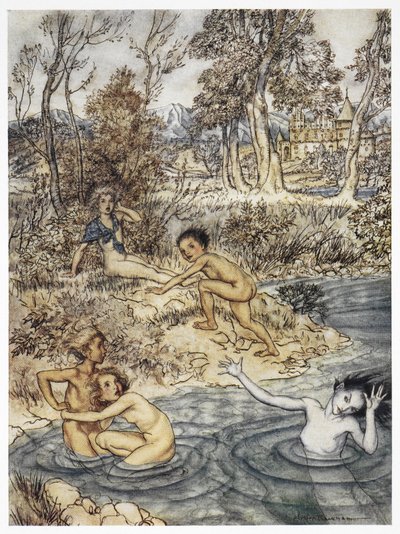 Se cruzó con toda una bandada de niños". Ilustración en color del cuento "La Sirenita". de Arthur Rackham