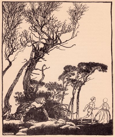 Se arrastró tras ellos en secreto, como se arrastran las brujas. Ilustración de Arthur Rackham del cuento de Grimm "Hermanito y hermanita". de Arthur Rackham