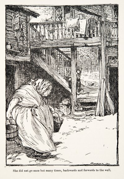 No fue una vez, sino muchas veces, de ida y vuelta al pozo, de Los cuentos de hadas de los hermanos Grimm, pub. 1909 de Arthur Rackham