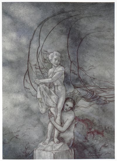Rodeó con los brazos la figura de mármol que se parecía tanto al príncipe". Ilustración para el cuento "La Sirenita". de Arthur Rackham