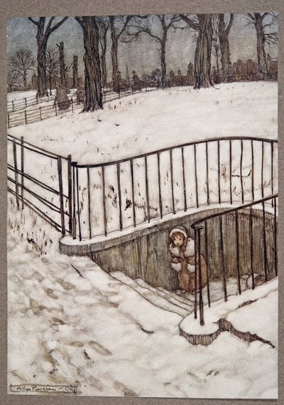Corrió al pozo de St. Govers y se escondió, de Peter Pan en los jardines de Kensington de J. M. Barrie (1860 - 1937), pub. 1906 de Arthur Rackham