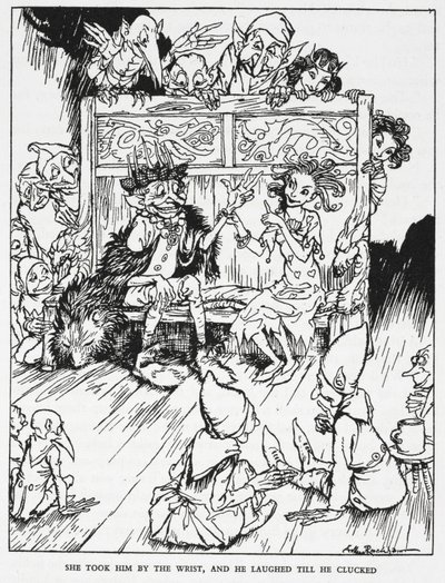 "Ella lo tomó de la muñeca, y él se rió hasta cacarear". Doncellas elfinas y duendes. Ilustración de "la colina de los duendes". de Arthur Rackham