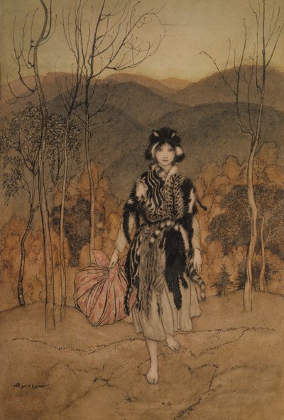 Ella siguió, y siguió, y siguió vestida con piel de gato, ilustración de Cuentos de Hadas Ingleses recontados por F.A. Steel, publicado en 1918 de Arthur Rackham