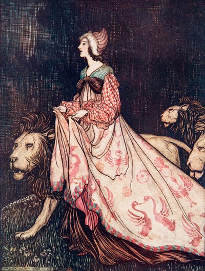 Se fue acompañada por los leones, de Los cuentos de hadas de los hermanos Grimm, pub. 1909 de Arthur Rackham