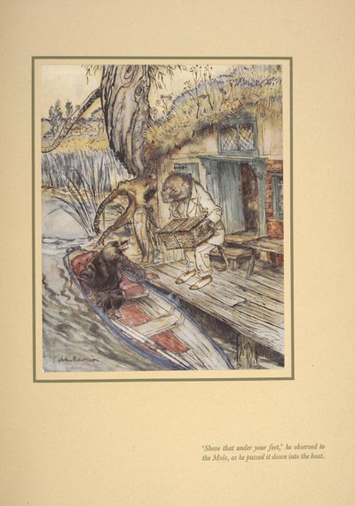 Métete eso bajo el pie", observó (Ratty) al topo mientras lo bajaba a la barca. de Arthur Rackham