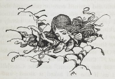 Alicia encogida después de comer un poco del hongo de la Oruga de Arthur Rackham