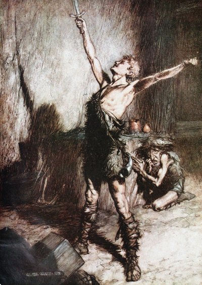 Siegfried forja su espada. Ilustración para Siegfried y El ocaso de los dioses de Richard Wagner de Arthur Rackham