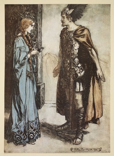Siegfried devuelve el cuerno de beber a Gutrune y la mira con pasión repentina, ilustración de 