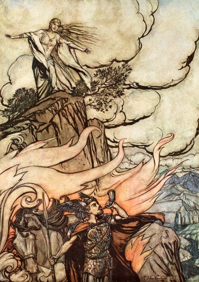 Siegfried deja a Brunnhilde en busca de aventuras, 1924 de Arthur Rackham