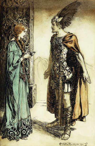 Siegfried se encuentra con Gutrune: El ocaso de los dioses de Arthur Rackham