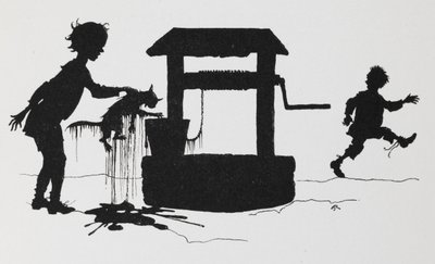 Silueta de un niño sacando un gato de un pozo. de Arthur Rackham