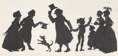 Silueta de un niño y un hombre saludando a la gente de camino a casa desde la iglesia. de Arthur Rackham