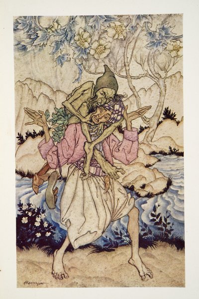 Simbad llevó al Viejo del Mar sobre sus hombros, de The Arthur Rackham Fairy Book, pub. 1933 de Arthur Rackham