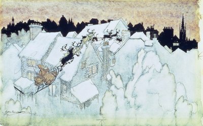 "Así que Hasta el Tejado Volaron los Corceles", ilustración de "La Noche Antes de Navidad" pub. 1931 de Arthur Rackham