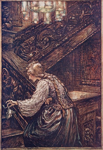 Entonces lo agarró con dos dedos y lo llevó arriba, de Los cuentos de hadas de los hermanos Grimm, pub. 1909 de Arthur Rackham