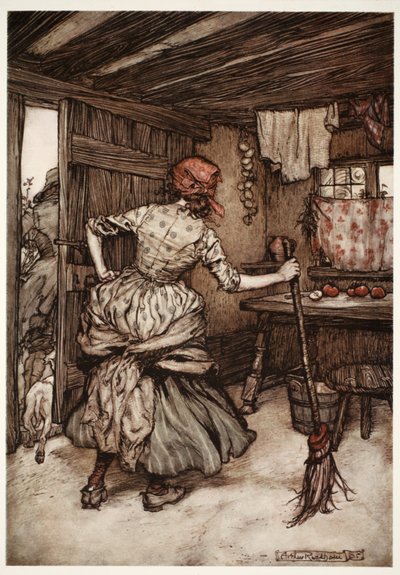 Así que se vio obligado a retirar sus fuerzas y tomar el exterior de la casa, el único lado que, en verdad, pertenece al marido sometido., de Rip Van Winkle de Washington Irving, pub. 1910 de Arthur Rackham
