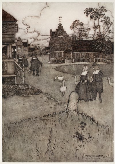 Algunas de las casas de los colonos originales, de Rip Van Winkle de Washington Irving, pub. 1910 de Arthur Rackham