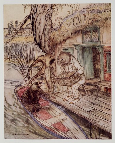 Pon eso bajo tus pies, observó al Topo, mientras bajaba al bote, de El viento en los sauces de Kenneth Grahame (1859 - 1932), pub. 1940 de Arthur Rackham
