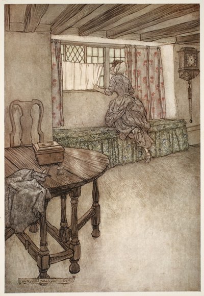 Nombres extraños estaban sobre las puertas, caras extrañas en las ventanas, todo era extraño., de Rip Van Winkle de Washington Irving, pub. 1910 de Arthur Rackham