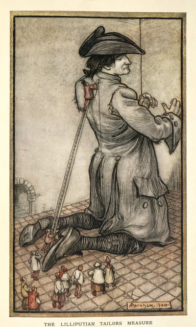 Sastres de Liliput midiendo a Gulliver, ilustración de Los viajes de Gulliver de Jonathan Swift, por Arthur Rackham de Arthur Rackham