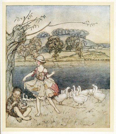 Tattercoats bailando mientras el pastor de gansos toca la flauta, de Cuentos de Hadas Ingleses, pub. 1922 de Arthur Rackham