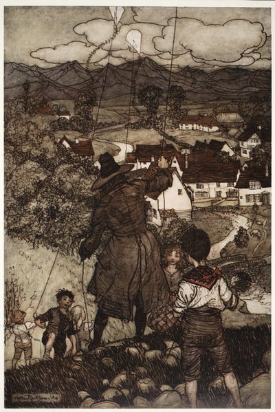 Les enseñó a volar cometas., de Rip Van Winkle por Washington Irving, pub. 1910 de Arthur Rackham