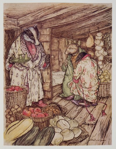 Las reservas de invierno del Tejón, que de hecho eran visibles por todas partes, ocupaban la mitad de la habitación, de El viento en los sauces de Kenneth Grahame (1859 - 1932), pub. 1940 de Arthur Rackham