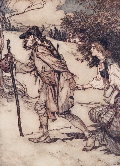 El mendigo la tomó de la mano y la llevó, de Los cuentos de hadas de los hermanos Grimm, pub. 1909 de Arthur Rackham