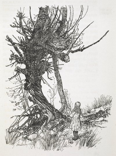 El Gato de Cheshire en un árbol mirando a Alicia de Arthur Rackham