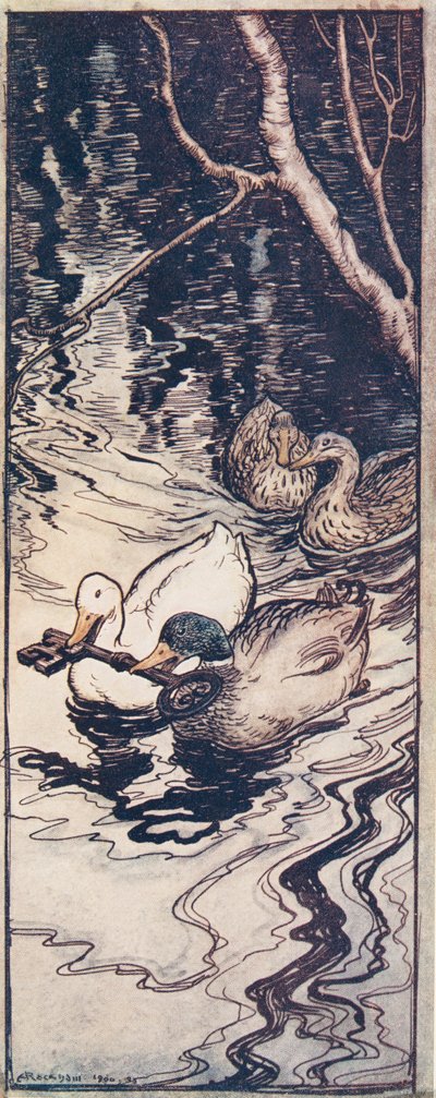 Los patos, que una vez salvó, se zambulleron y sacaron la llave de las profundidades, de Los cuentos de hadas de los hermanos Grimm, pub. 1909 de Arthur Rackham