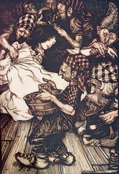 Los enanos, cuando llegaron por la noche, encontraron a Blancanieves tirada en el suelo, de Los cuentos de hadas de los hermanos Grimm, pub. 1909 de Arthur Rackham