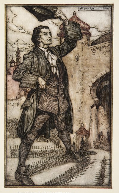 El Emperador de Lilliput revisa sus tropas, de Los viajes de Gulliver de Jonathan Swift (1667 - 1745), pub. 1909 de Arthur Rackham