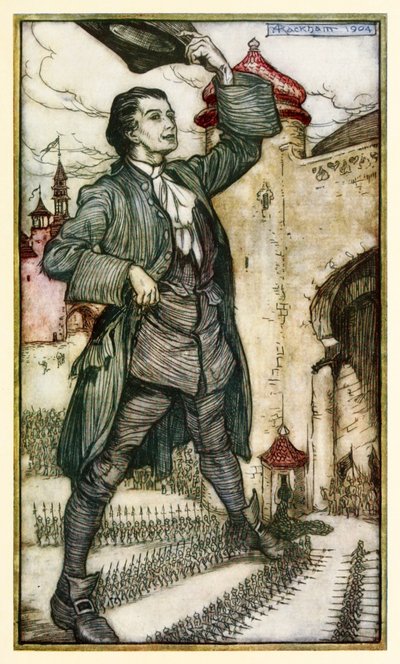 El Emperador de Lilliput revisa sus tropas, de la Parte I: Un viaje a Lilliput en Los viajes de Gulliver de Jonathan Swift de Arthur Rackham