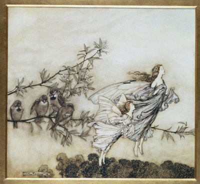Las hadas tienen su disputa con los pájaros, ilustración de 1906 para Peter Pan en los Jardines de Kensington por J.M. Barrie, pub. 1906 de Arthur Rackham