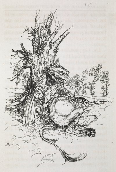 El grifo sentado contra un árbol de Arthur Rackham
