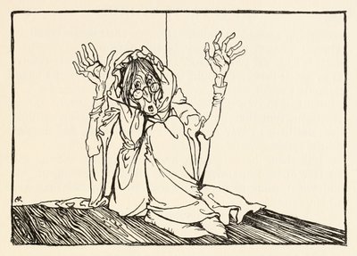La bruja sentada contra la pared de Morgans Frenzy en Cuentos de hadas irlandeses de Arthur Rackham