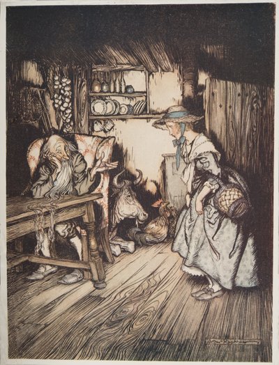 La cabaña en el bosque, de Hermanito y hermanita y otros cuentos de los hermanos Grimm, pub. 1917 de Arthur Rackham