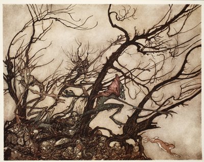 Los indios los consideraban la morada de los espíritus., de Rip Van Winkle por Washington Irving, pub. 1910 de Arthur Rackham