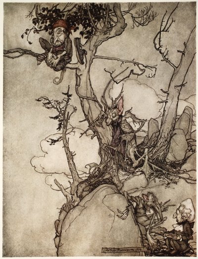 Las montañas Kaatsberg o Catskill siempre han sido una región llena de fábulas., de Rip Van Winkle por Washington Irving, pub. 1910 de Arthur Rackham
