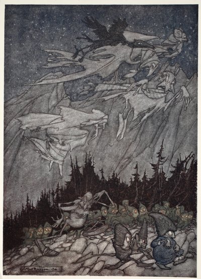 Las montañas Kaatskill siempre habían estado habitadas por seres extraños., de Rip Van Winkle por Washington Irving, pub. 1910 de Arthur Rackham