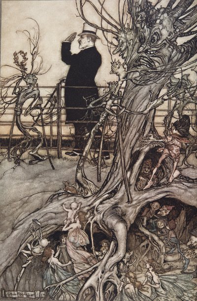 Los Jardines de Kensington están en Londres, donde vive el Rey.., de Peter Pan en los Jardines de Kensington por J M Barrie (1860 - 1937), pub. 1906 de Arthur Rackham