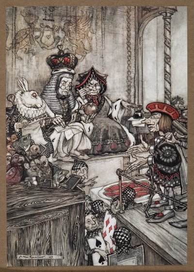 El Bribón de Corazones en el banquillo ante la Reina y el Rey de Corazones acusados de robar las tartas de Arthur Rackham