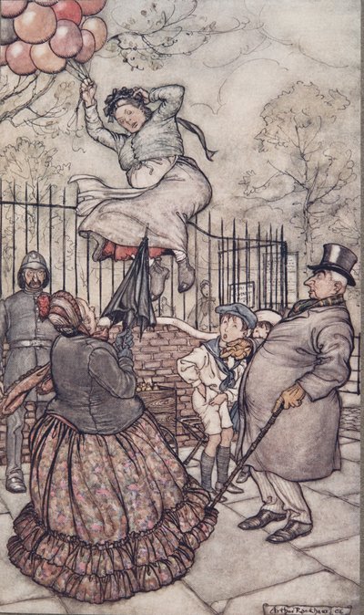 La dama con los globos, que se sienta justo afuera, de Peter Pan en los jardines de Kensington de J. M. Barrie (1860 - 1937), pub. 1906 de Arthur Rackham