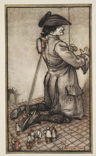Los sastres liliputienses miden a Gulliver para un nuevo traje, de Los viajes de Gulliver por Jonathon Swift (1667 - 1745), pub. 1909 de Arthur Rackham