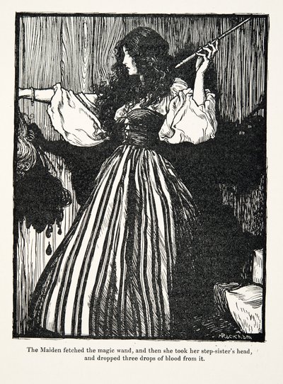 La doncella buscó la varita mágica, y luego tomó la cabeza de su hermanastra y dejó caer tres gotas de sangre, de Los cuentos de hadas de los hermanos Grimm, pub. 1909 de Arthur Rackham