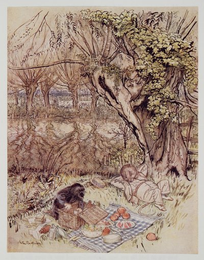El Topo rogó como un favor que se le permitiera desempacarlo todo él solo, de El viento en los sauces de Kenneth Grahame (1859 - 1932), pub. 1940 de Arthur Rackham