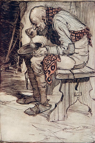 El anciano tuvo que sentarse solo y comía su comida en un cuenco de madera, de Los cuentos de hadas de los hermanos Grimm, pub. 1909 de Arthur Rackham