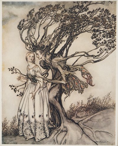 La anciana en el bosque, de Hermanito y hermanita y otros cuentos de los hermanos Grimm, pub. 1917 de Arthur Rackham
